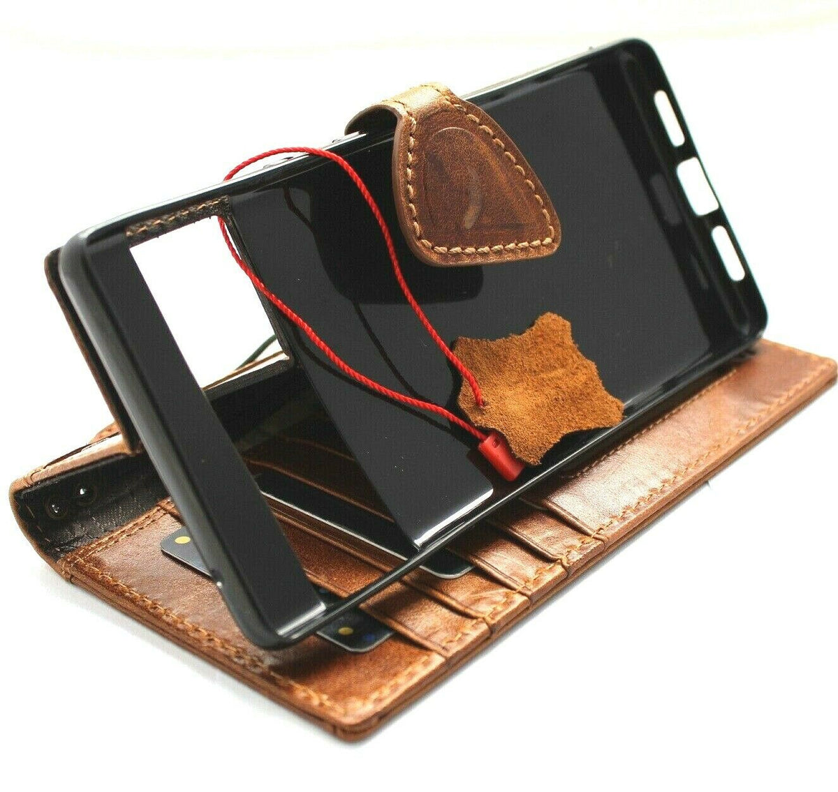 Genuine leather Google Pixel 7 Pro case with wallet design, magnetic closure, stand feature, retro tan color, IL Davis 1948 branding