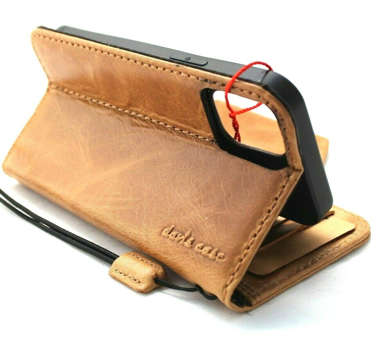 Genuine full tan leather iPhone 12 mini case by DAVISCASE with vintage book-style design, credit card slots, soft closure, handmade.