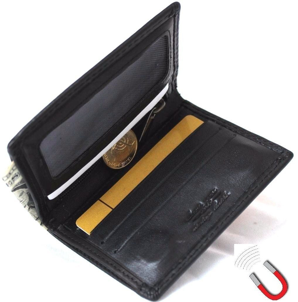 Men's slim genuine leather wallet with card slots, coin zipper, magnetic closure in black, soft and compact design.