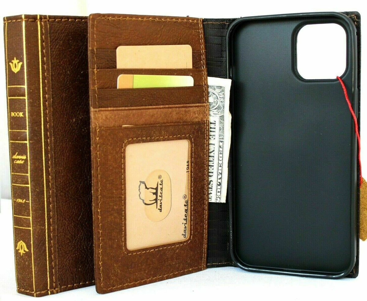 Handmade full grain tan leather iPhone 12 Pro Max case with wallet design, ID window, credit card slots, and soft slim fit by DAVISCASE.