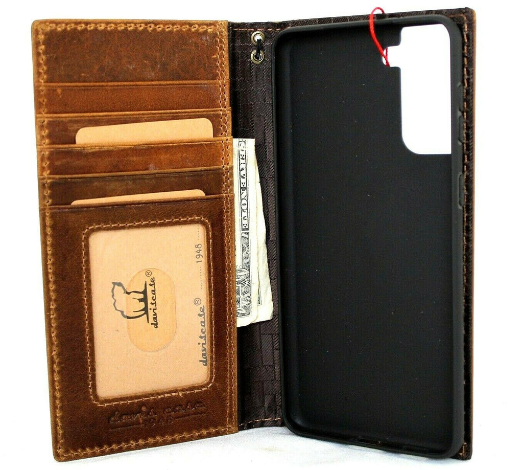 Genuine leather Samsung Galaxy S21 Plus 5G wallet case by DAVISCASE with card slots, wireless charging holder, in tan color.