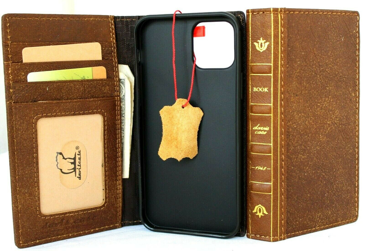 Handmade genuine leather phone case for iPhone 12 Pro with wallet design, ID window, credit card slots, vintage style by DAVISCASE