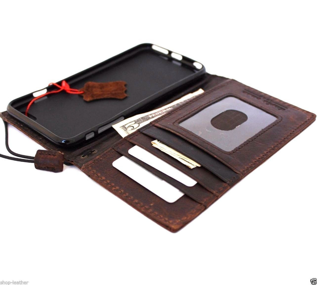 Handmade genuine Italy leather iPhone 6 flip case with wallet features, credit card slots, luxurious design, vendor-unknown brand.