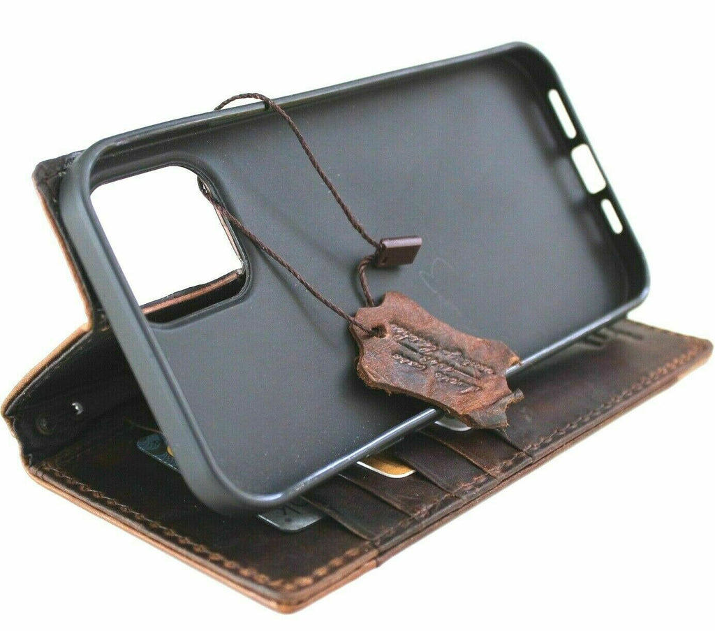 Handmade genuine leather wallet case for iPhone 11 Pro Max with credit card slots, slim design, and luxury DavisCase branding.