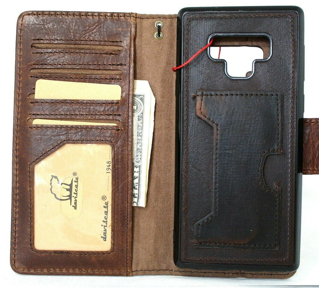 Genuine dark vintage leather Samsung Galaxy Note 9 wallet case with multi-card slots, ID window, and soft detachable design.