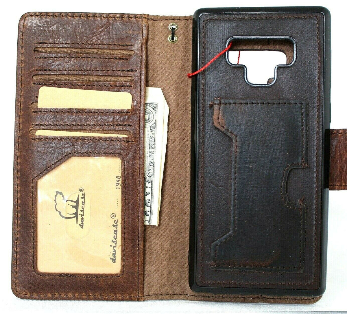 Genuine dark vintage leather Samsung Galaxy Note 9 wallet case with multi-card slots, ID window, and soft detachable design.