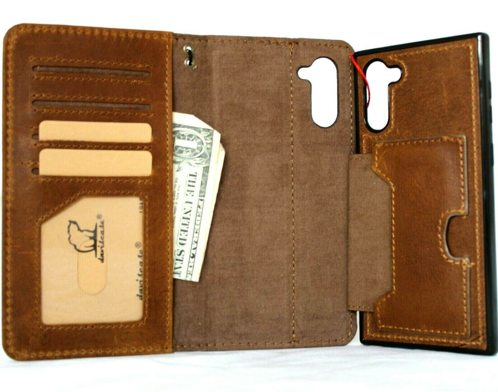 Handmade genuine leather Samsung Galaxy Note 10 case with wallet, window, rubber accents, slim stand, and wireless charging compatibility.