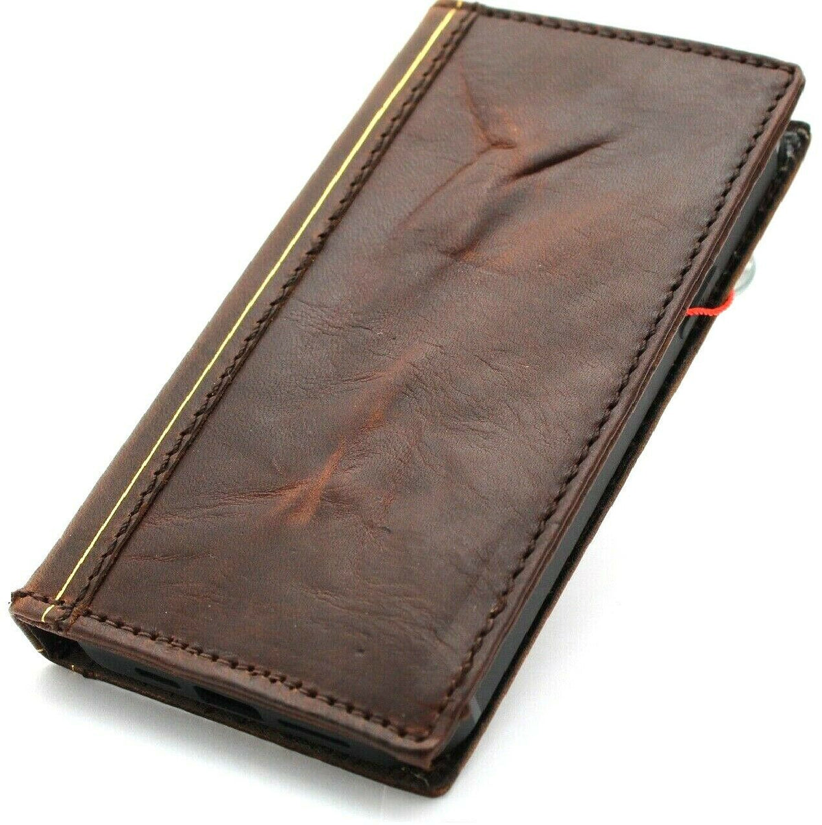 Handmade leather phone case by DAVISCASE for iPhone 11-15 Pro Max, Galaxy Ultra, with wallet and mini Bible design, wrinkled texture.