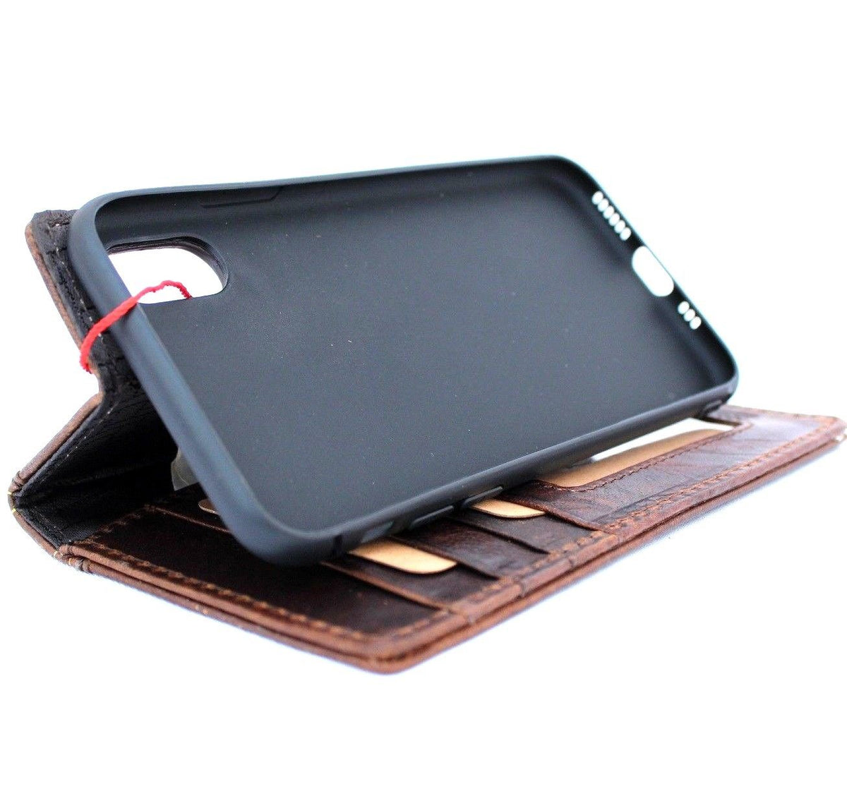 Dark vintage brown leather iPhone XS case with wallet-style design, card slots, slim fit, handmade by DAVISCASE.