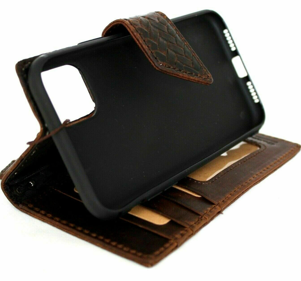 Genuine dark leather iPhone 12 Pro case by DAVISCASE with vintage braid design, ID window, credit card slots, and magnetic closure.