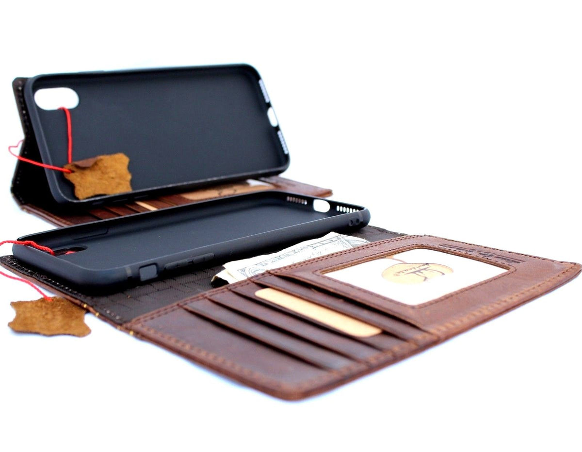 Dark Jafo brown leather iPhone XS case by DAVISCASE with wallet-style cover, card slots, slim vintage design, handmade craftsmanship.