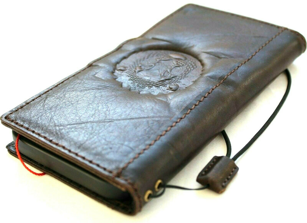 Handmade genuine leather phone case for iPhone 11-15 Pro Max by DAVISCASE, vintage tiger design with credit card slots and full grain leather.