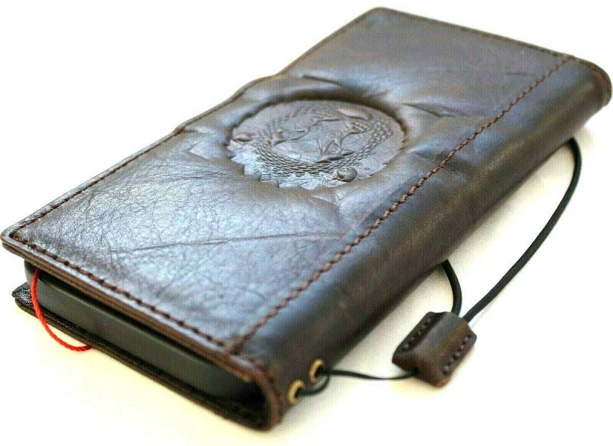 Handmade genuine leather phone case for iPhone 11-15 Pro Max by DAVISCASE, vintage tiger design with credit card slots and full grain leather.