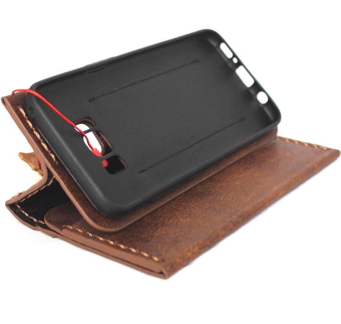 Handmade soft brown leather wallet case for Samsung Galaxy S8 Plus with card slots, featuring a book-style design.