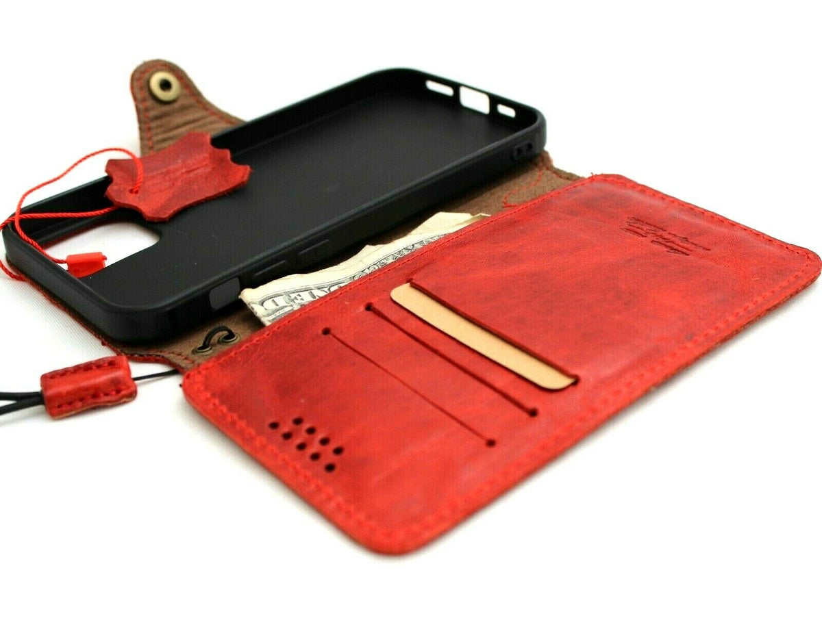 Handmade genuine soft red leather iPhone 12 case with vintage design, credit card slots, slim cover by DAVISCASE.