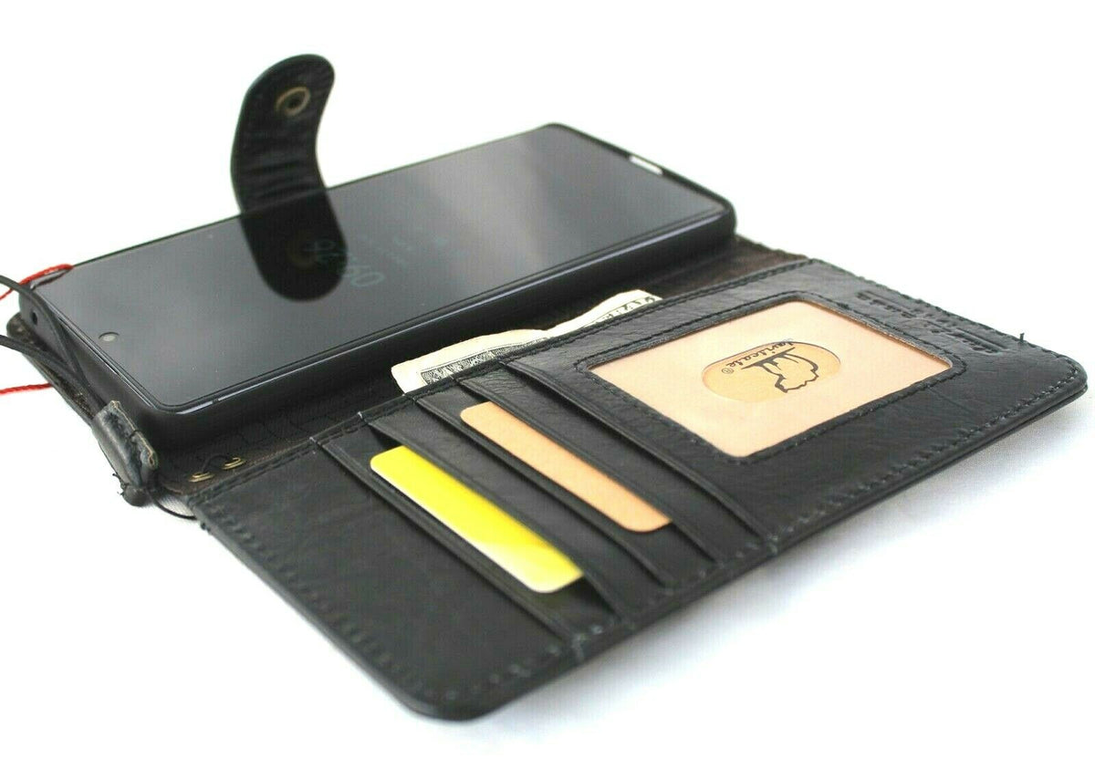 Black genuine top grain leather case for Samsung Galaxy S21 Ultra 5G, handmade with wallet and credit card slots by DAVISCASE.