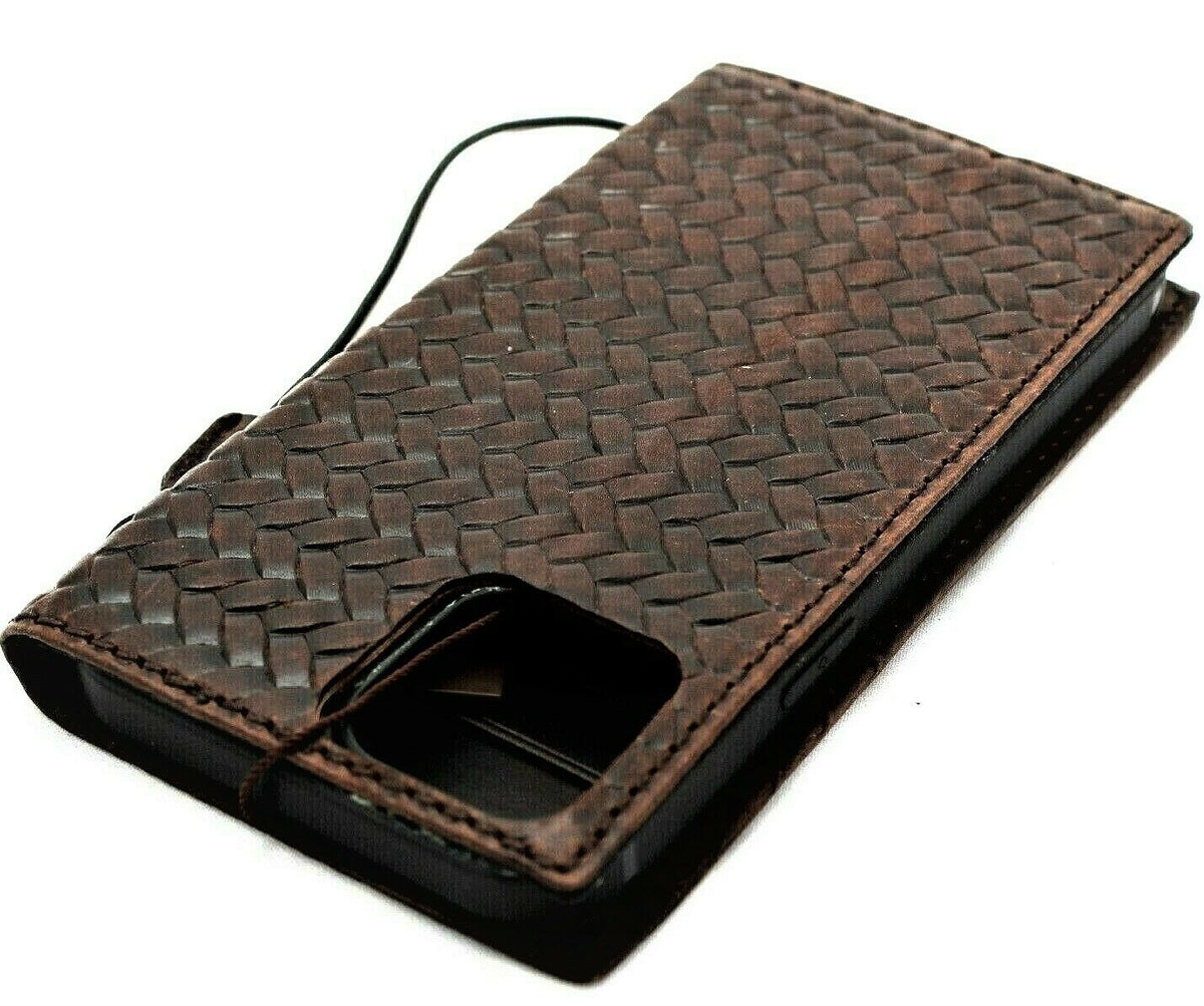Handmade genuine dark leather iPhone 12 Pro Max case with ID window, credit card slots, vintage look, full grain leather, DAVISCASE.