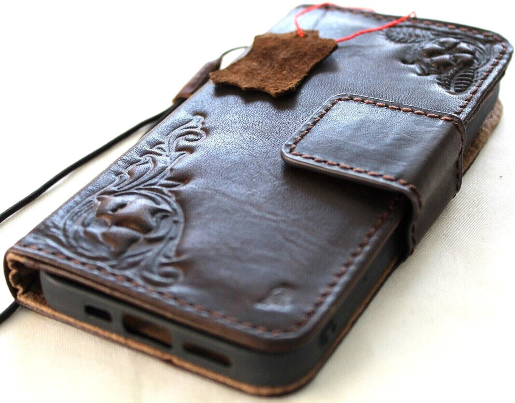 Handmade genuine leather phone case for iPhone 11-15 Pro Max, vintage style with ID window and credit card slots by DAVISCASE.
