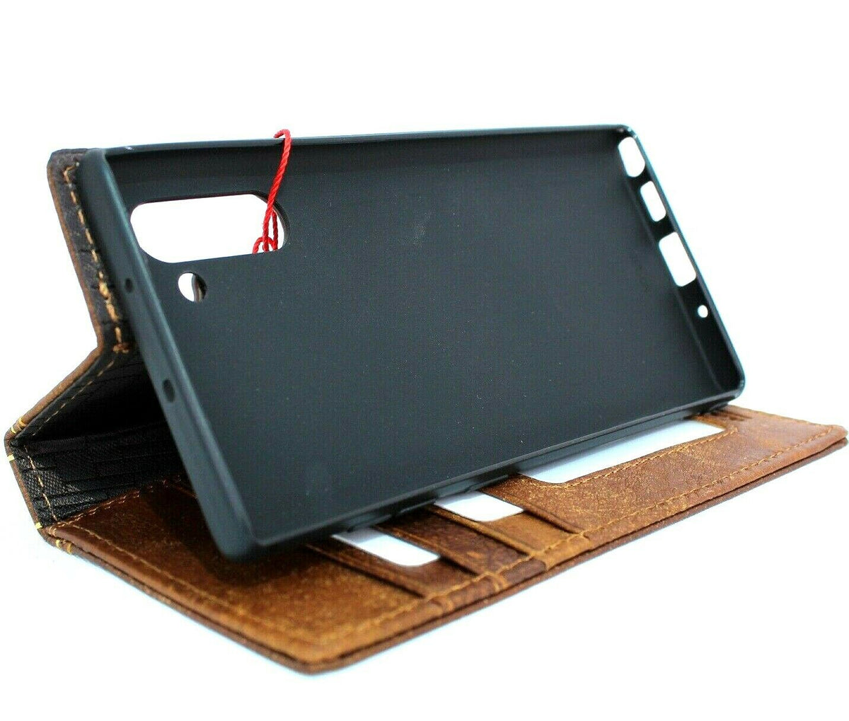 Genuine tan leather Samsung Galaxy Note 10 wallet case with card slots, soft retro design, book holder style, slim fit.
