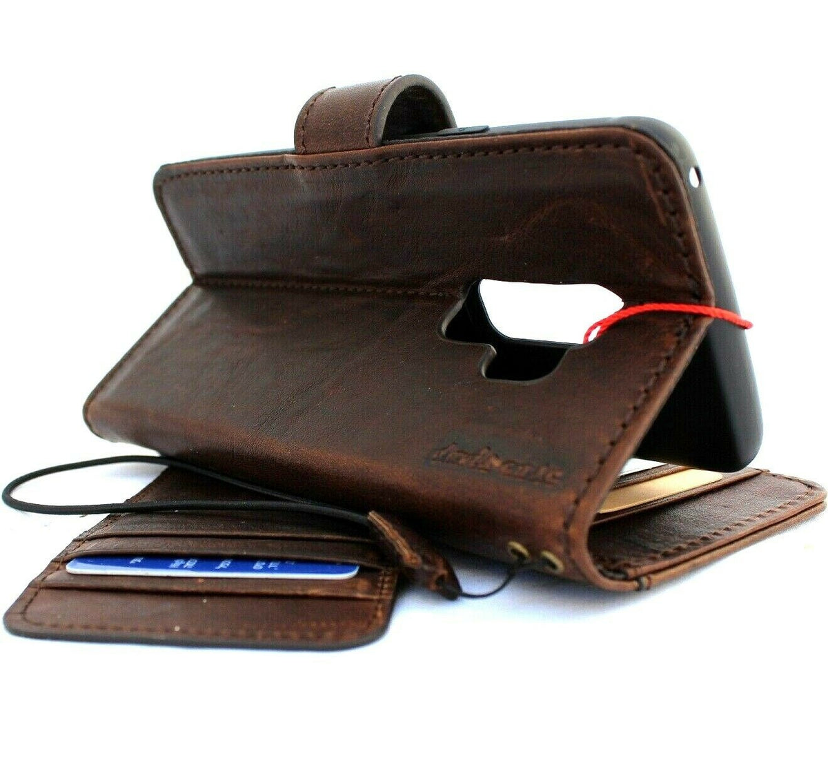 Handmade genuine Italian leather Samsung Galaxy S9 wallet case with rubber holder and wireless charging compatibility in dark brown.
