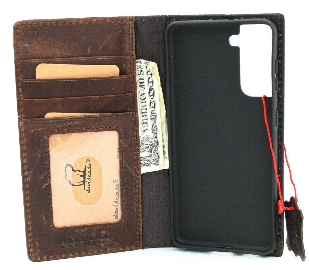 DavisCase genuine leather book wallet cover for Samsung Galaxy S21 with Bible design, card slots, ID window, and wireless charging holder