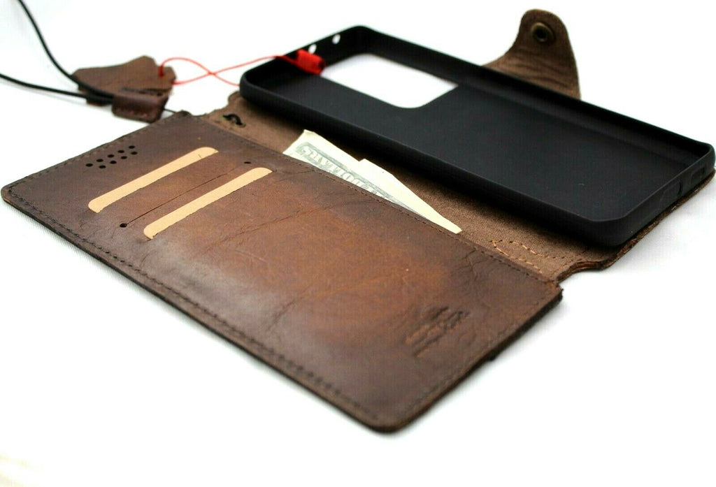 Handmade genuine leather Samsung Galaxy S21 Ultra 5G wallet case with oiled top grain leather and wireless charging compatibility.