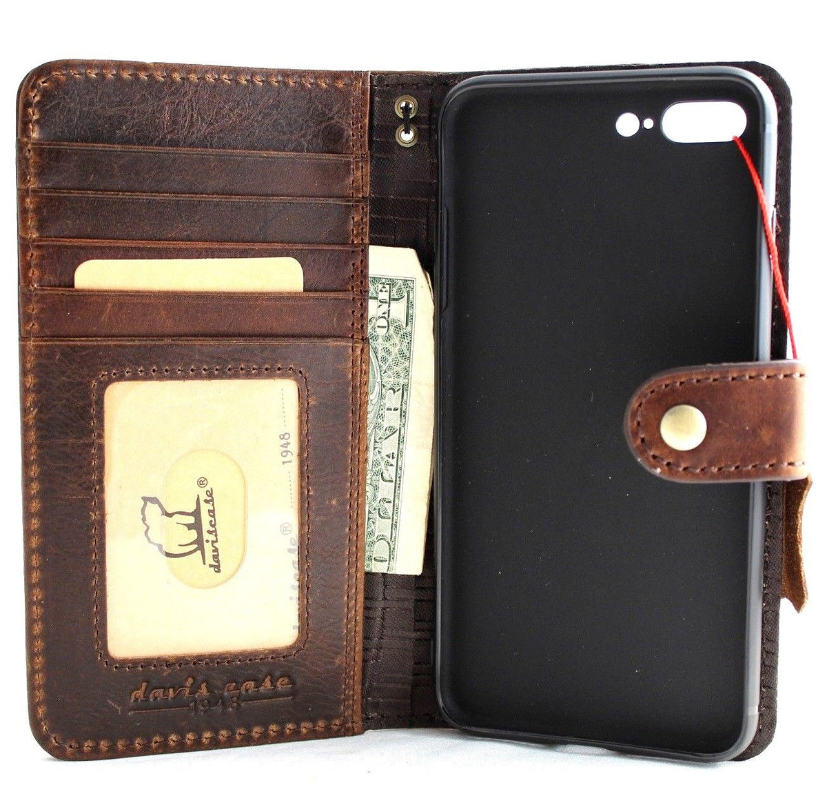 Genuine leather iPhone 8 Plus book wallet case by DAVISCASE with card slots, slim vintage design, soft interior, and wireless charging compatibility.