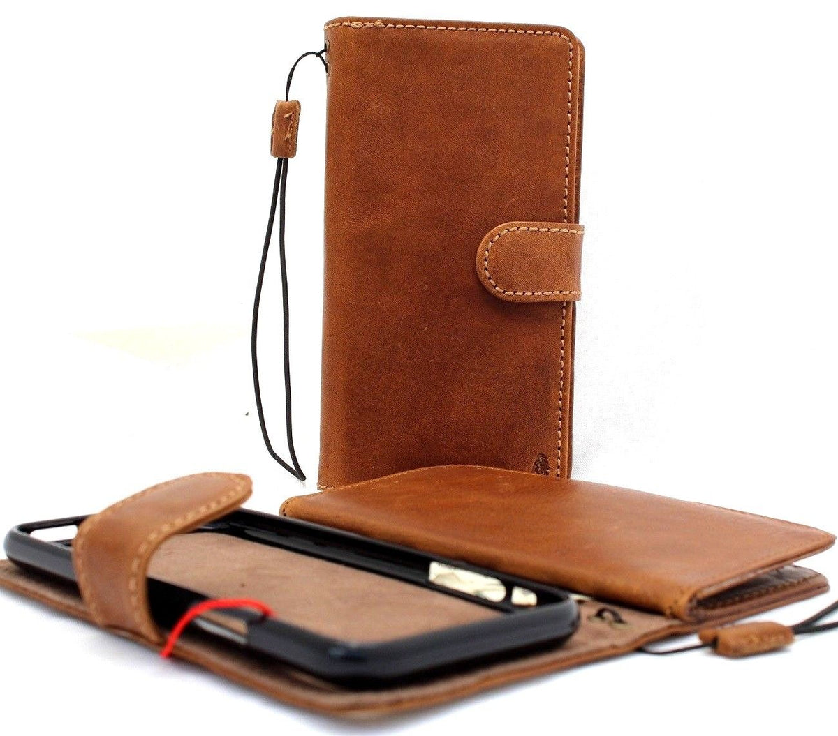 Leather iPhone XR case cover wallet by DAVISCASE, tan magnetic book-style holder with removable credit card slots, slim and soft design.