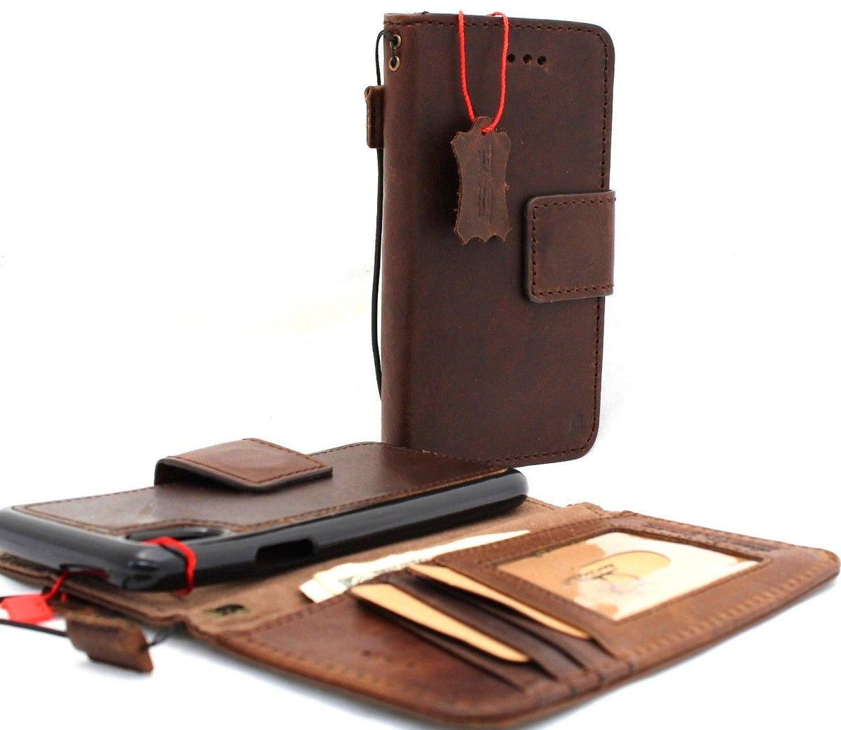 Vintage tan leather iPhone XS Max case with wallet, credit holder, magnetic book design, slim and detachable, handmade by vendor-unknown.