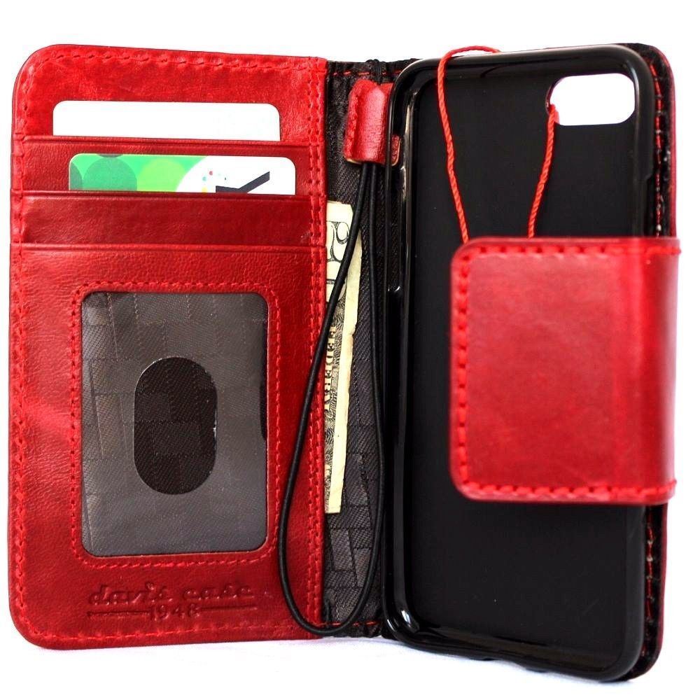 Red genuine leather iPhone SE 2 2020 case by DAVISCASE with wallet card slots, magnetic closure, soft interior, and wireless charging feature.