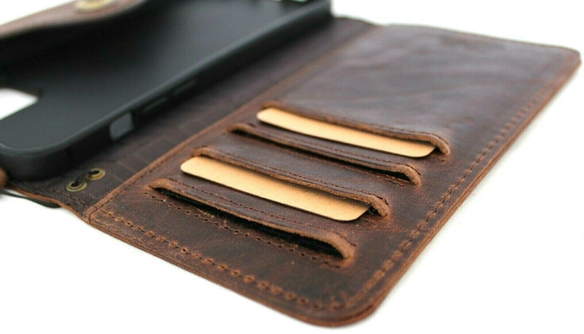 Genuine dark soft leather book wallet case for iPhone 12 Pro Max with credit card slots and slim closure by DAVISCASE