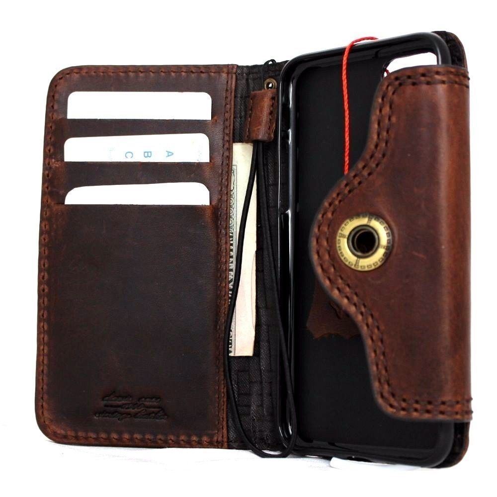 Genuine full leather iPhone 8 wallet case with card slots, vintage-style Davis Classic Art design, slim and wireless charging compatible