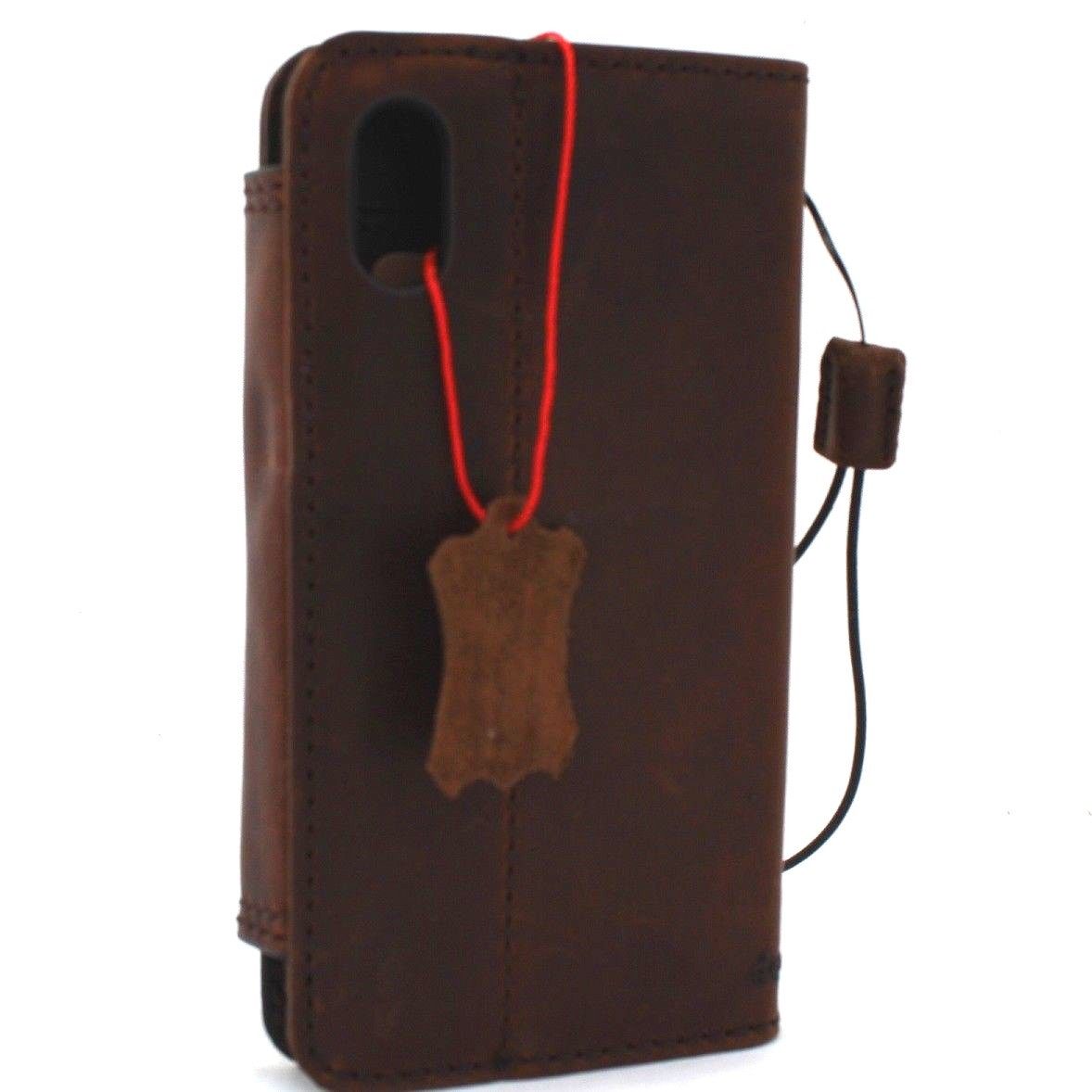 Bright brown genuine leather iPhone XS wallet case by DAVISCASE with card slots, slim design, and retro style.