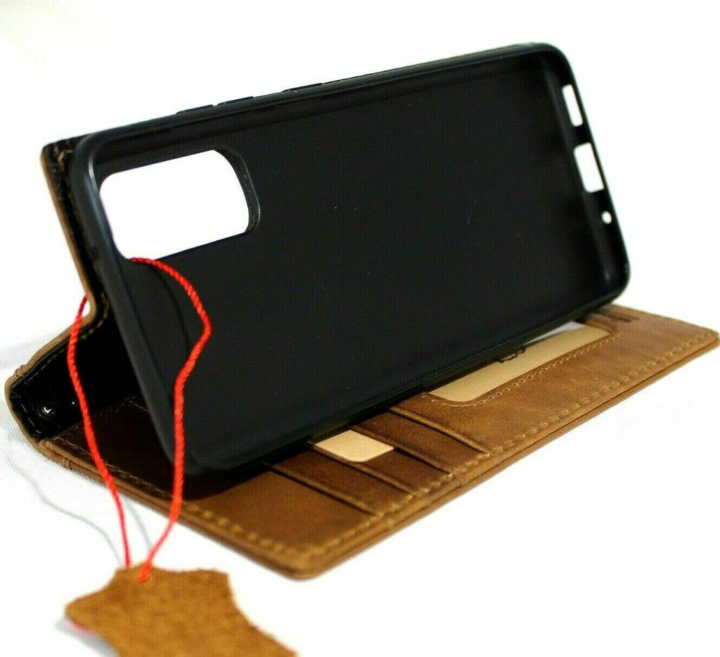 Genuine leather Bible tan wallet case for Samsung Galaxy S20 with card slots, wireless charging holder, and ID window by DAVISCASE.