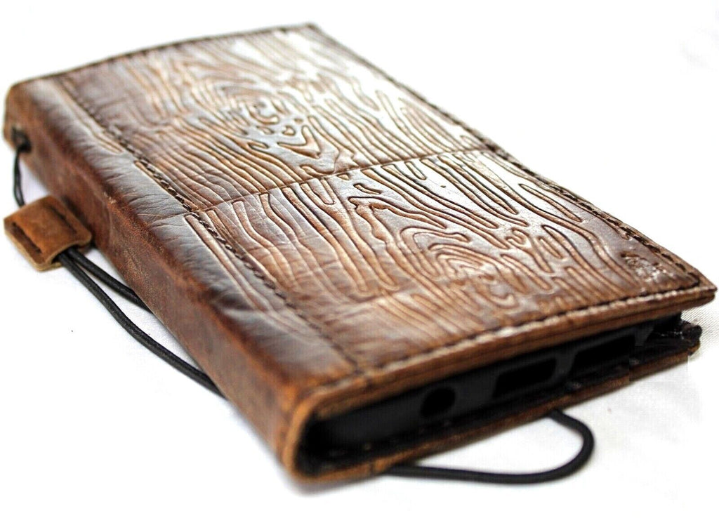 Handmade leather phone case by DAVISCASE for Galaxy S22, S21, S20, Note 10, A51, A71, and A13 in vintage wooden style with wallet and credit cover