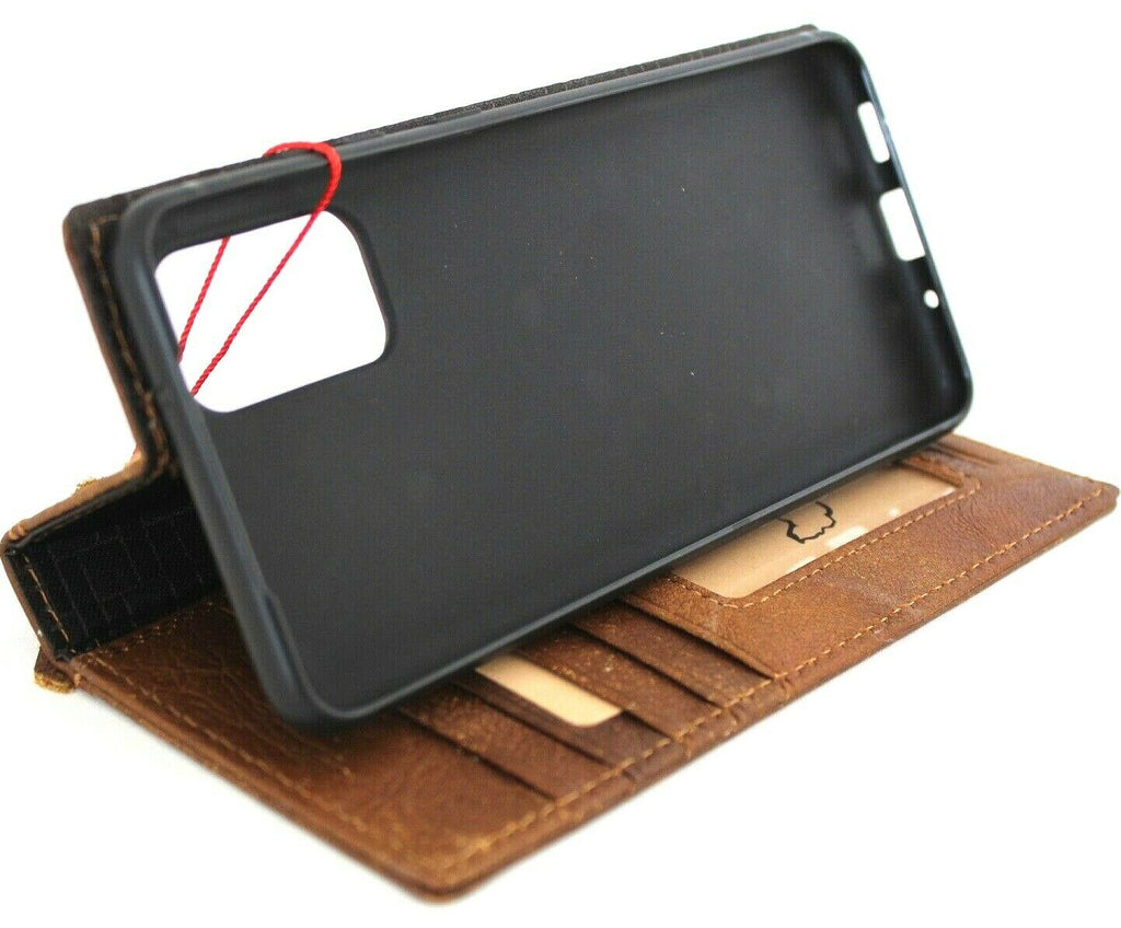 Genuine leather Bible tan wallet case for Samsung Galaxy S20 Plus with card slots, wireless charging holder, and ID window by DAVISCASE.