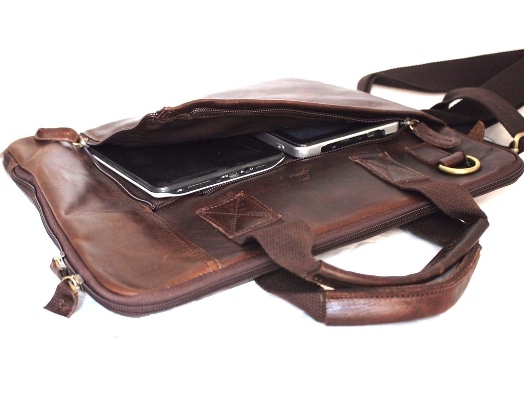 Men's DAVISCASE leather shoulder bag with crossbody strap, classic brown messenger bag for business and laptop carrying.