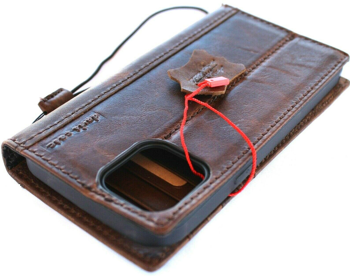 Handmade genuine leather wallet phone case for iPhone models 8 to 17 Pro Max, with card slots and minimalist design by DAVISCASE.