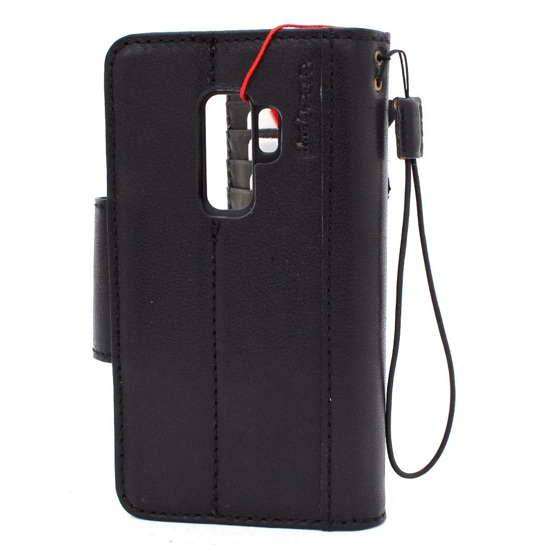 Black genuine vintage leather Samsung Galaxy S9 Plus wallet case with magnetic closure, card slots, and strap by DAVISCASE.