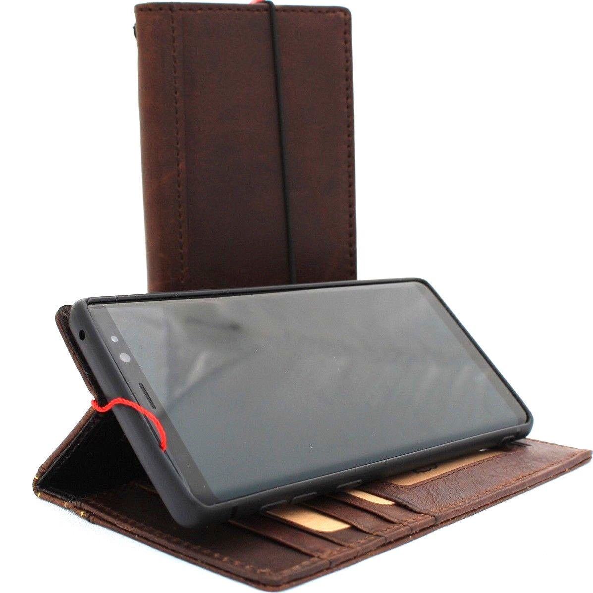 Dark brown genuine vintage leather Samsung Galaxy Note 9 wallet case with card slots, slim handmade DAVISCASE phone cover.