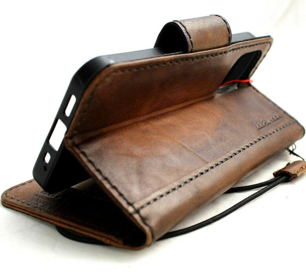 Genuine leather iPhone 13 Mini wallet case by DAVISCASE with vintage design, magnetic closure, soft cover, and card slots.