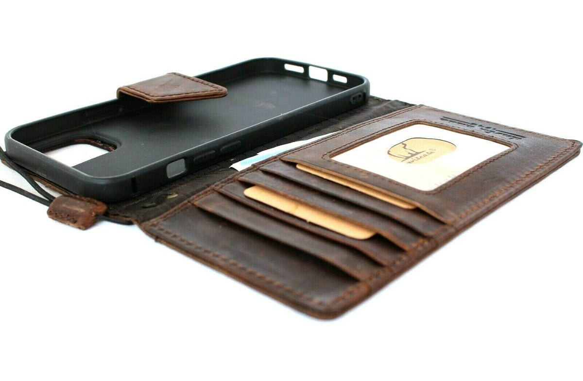 Handmade genuine leather phone case for iPhone 15 Pro Max and Galaxy S26 Ultra, with wallet design and magnetic closure.
