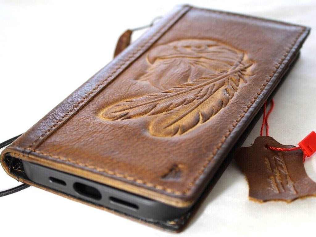Handmade vintage tan leather phone case with eagle craft design for iPhone 13-18 Pro Max, featuring card slots and mini art details.