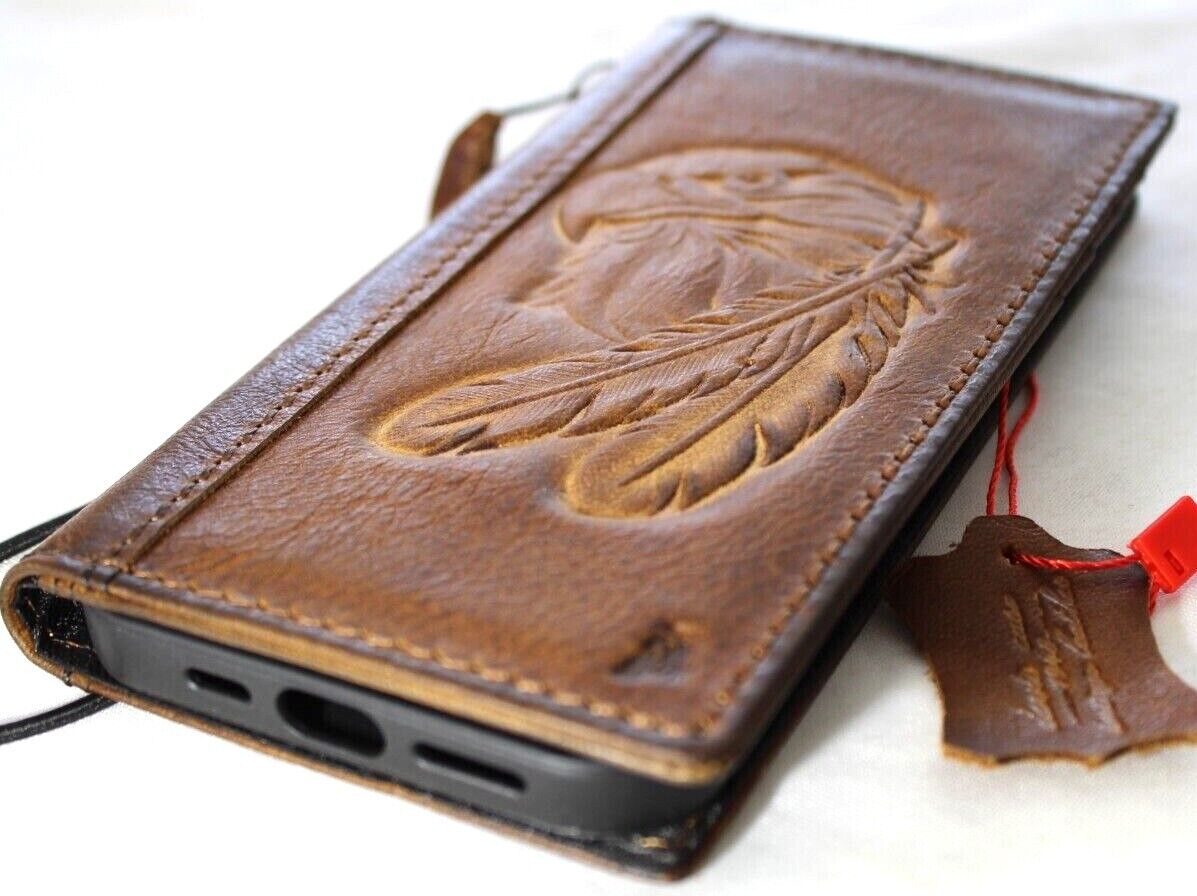 Handmade vintage tan leather phone case with eagle craft design for iPhone 13-18 Pro Max, featuring card slots and mini art details.