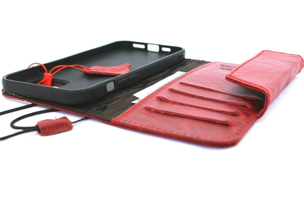Handmade genuine red leather wallet case for Apple iPhone 11 Pro Max with credit card slots and rubber strap by DAVISCASE.