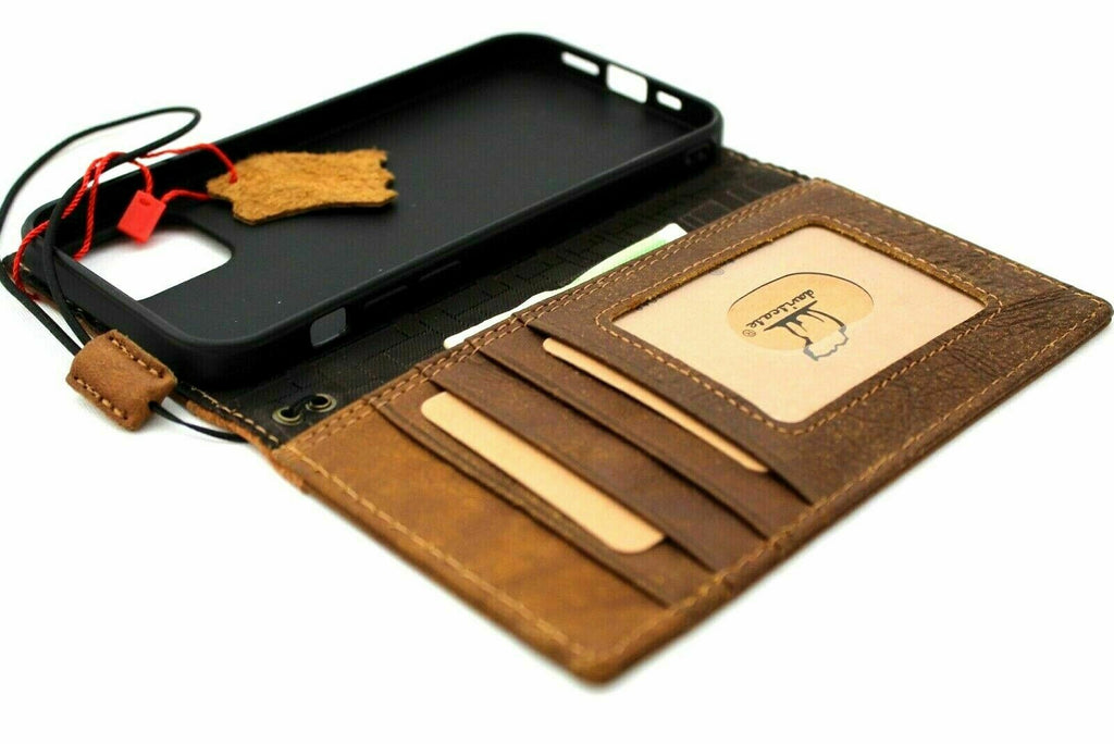 Genuine soft leather phone case for iPhone 12 Pro by DAVISCASE, vintage suede style, with ID window and credit card slots.
