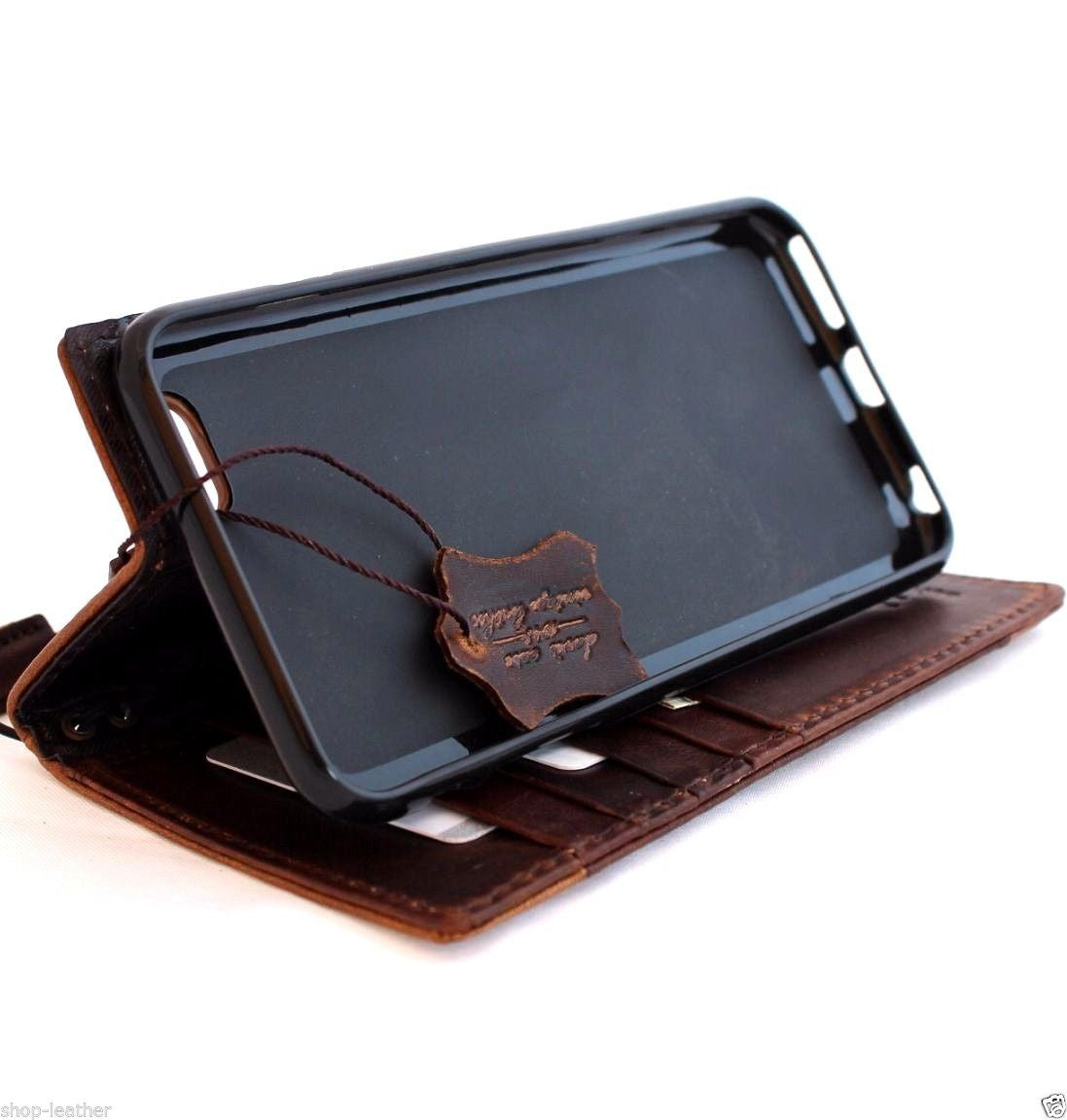 Genuine oil leather iPhone 6s Plus case with wallet design, credit card slots, magnet closure, handmade by vendor-unknown