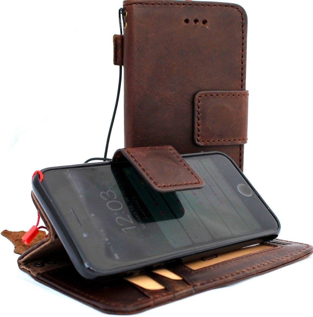 Genuine dark soft leather iPhone SE 2 wallet case with magnetic closure, card slots, and slim book design.