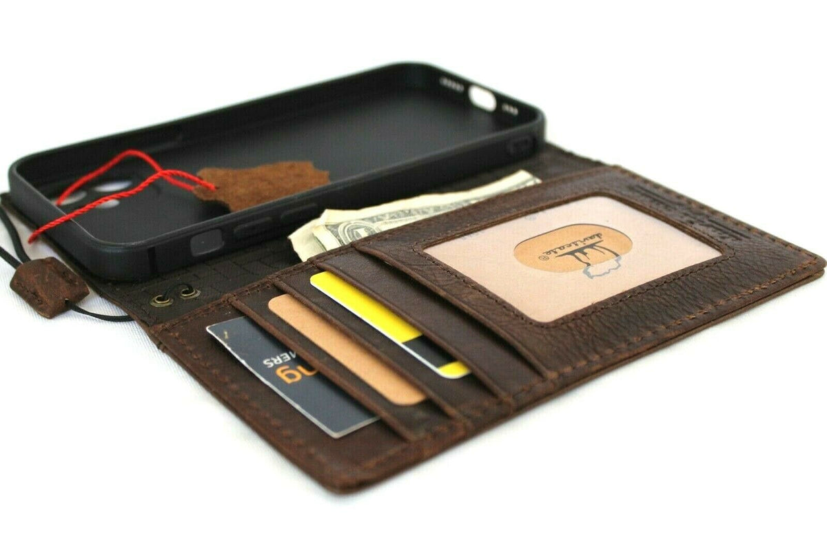 Genuine dark leather Apple iPhone 12 book wallet case with credit card slots, soft full grain DavisCase handmade leather cover.