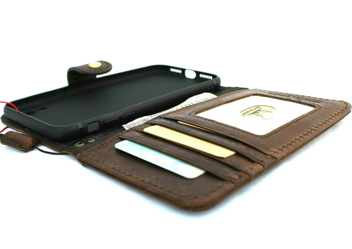 Handmade genuine leather iPhone XR case cover with vintage wallet design, credit card slots, and wireless charging compatibility by DAVISCASE